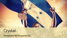  Presentation with football blue - Slide set consisting of portrait of happy sportsman cheering while holding trophy against large football stadium under cloudy blue sky background and a blonde colored foreground