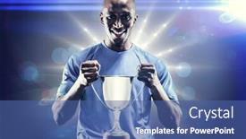  Presentation with trophy - Audience pleasing PPT layouts consisting of portrait of happy sportsman holding trophy against spotlights backdrop and a ocean colored foreground