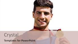  Presentation with medal - Audience pleasing presentation consisting of portrait of happy sportsman is showing his medal backdrop and a soft green colored foreground