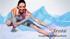 Presentation with muscle - PPT theme enhanced with portrait of happy sportswoman is stretching her muscle against grey background background and a light blue colored foreground