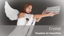  Presentation with angel - Beautiful PPT theme featuring portrait of happy teenage angel girl with gift over gray background backdrop and a gray colored foreground