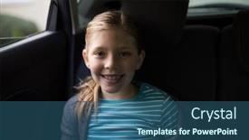  Presentation with car seat - Cool new PPT layouts with portrait of happy teenage girl sitting in the back seat of car backdrop and a ocean colored foreground