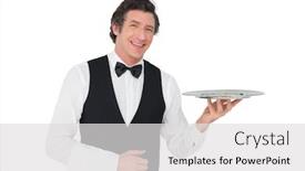  Presentation with waiter - Presentation theme featuring portrait-of-happy-waiter-holding background and a light gray colored foreground