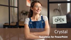  Presentation with customers - PPT theme featuring portrait-of-happy-waitress-standing background and a tawny brown colored foreground