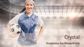  Presentation with sports arena - Slides with portrait of happy woman football background and a lemonade colored foreground