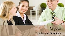  Presentation with business partner - Colorful PPT theme enhanced with portrait of happy woman giving documents to business partner after signing them backdrop and a coral colored foreground