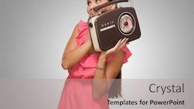  Presentation with radio - Slides enhanced with portrait of happy woman holding radio against a grey background background and a light gray colored foreground
