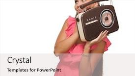  Presentation with radio - Amazing slides having portrait of happy woman holding radio isolated on white background backdrop and a lemonade colored foreground