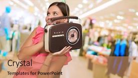  Presentation with radio - Colorful slide deck enhanced with portrait of happy woman holding radio at a mall backdrop and a coral colored foreground
