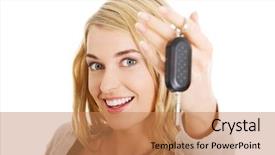  Presentation with car key - Presentation with portrait of happy woman holding background and a coral colored foreground
