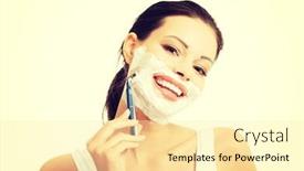 Presentation with shaving - Presentation featuring portrait of happy woman shaving beard background and a blonde colored foreground