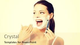  Presentation with shaving - Beautiful presentation featuring portrait of happy woman shaving beard backdrop and a blonde colored foreground