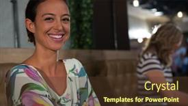 Presentation with restaurant - Presentation theme consisting of portrait-of-happy-woman-sitting background and a tawny brown colored foreground