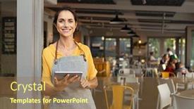  Presentation with business casual - PPT theme with portrait-of-happy-woman-standing background and a coral colored foreground