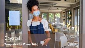  Presentation with face mask - Slide set having portrait-of-happy-woman-standing background and a violet colored foreground