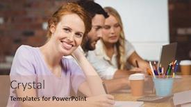 Presentation with creative writing - Cool new slides with portrait of happy woman writing on paper in creative office backdrop and a coral colored foreground