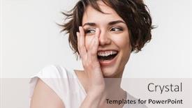  Presentation with basic - Slides featuring portrait of happy woman with short brown hair in basic t-shirt smiling and touching her face with hand isolated over white background background and a soft green colored foreground