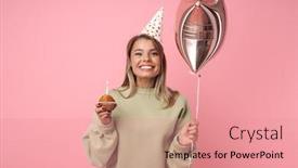  Presentation with balloon - Cool new PPT layouts with portrait-of-happy-woman backdrop and a coral colored foreground