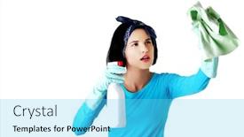  Presentation with fluid - Slide set consisting of portrait of happy woman with a cleaning fluid background and a cyan colored foreground