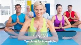 Presentation with class - Presentation theme having portrait of happy woman with class meditating in fitness studio background and a teal colored foreground