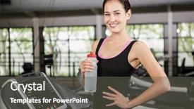  Presentation with treadmill - Slides having portrait of happy woman on treadmill holding water bottle at gym background and a dark gray colored foreground