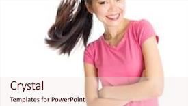  Presentation with pop art pink hair - Slide deck featuring portrait of happy young asian woman in pink shirt and jeans with flying ponytail hair standing isolated on white background background and a lemonade colored foreground