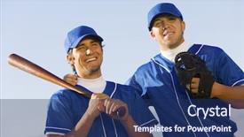  Presentation with baseball player - Colorful presentation theme enhanced with portrait of happy young baseball backdrop and a navy blue colored foreground