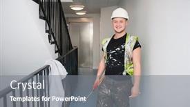  Presentation with railing - Colorful presentation design enhanced with portrait-of-happy-young-construction backdrop and a gray colored foreground