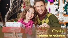  Presentation with christmas presents - Presentation theme featuring portrait of happy young couple shopping presents in christmas store background and a tawny brown colored foreground