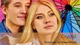  Presentation with relationships - Colorful slide deck enhanced with portrait of happy young couple embracing under umbrella in autumn day love and couple relationships concept and idea backdrop and a gold colored foreground
