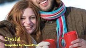  Presentation with snow day - Beautiful presentation design featuring portrait of happy young couple outdoor on winter day drinking warm tea with fresh snow in background backdrop and a tawny brown colored foreground
