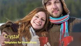  Presentation with snow day - Slide set enhanced with portrait of happy young couple outdoor on winter day drinking warm tea with fresh snow in background background and a tawny brown colored foreground