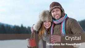  Presentation with snow day - PPT theme having portrait of happy young couple outdoor on winter day drinking warm tea with fresh snow in background background and a tawny brown colored foreground