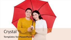  Presentation with under umbrella - Slide set with portrait of happy young couple under umbrella against white background background and a gold colored foreground