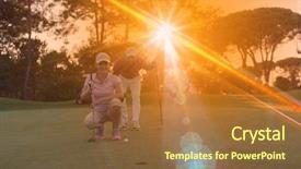  Presentation with golf course - Presentation design consisting of portrait of happy young couple on golf course with beautiful sunset in background background and a tawny brown colored foreground