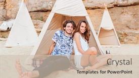  Presentation with teepee - Beautiful slide deck featuring portrait of happy young couple sitting in teepee on the beach backdrop and a soft green colored foreground