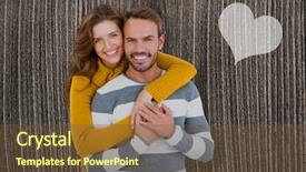  Presentation with young happy couple - Slide set with portrait of happy young couple embracing against wooden planks background and a tawny brown colored foreground