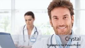  Presentation with clinic - Slides with portrait of happy young doctor background and a  colored foreground