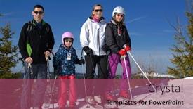  Presentation with snow day - Amazing PPT theme having portrait of happy young family at beautiful winter sunny day with blue sky and snow in background backdrop and a violet colored foreground
