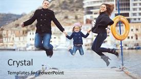  Presentation with family photo - Beautiful PPT layouts featuring portrait of happy young family walking with their child on berth near sea in the city still life photo backdrop and a light blue colored foreground