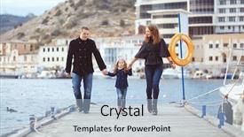  Presentation with family photo - Amazing presentation having portrait of happy young family walking with their child on berth near sea in the city still life photo backdrop and a light blue colored foreground