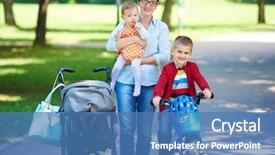 Presentation with happy kids - Cool new slide set with portrait of happy young family backdrop and a teal colored foreground