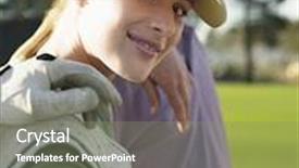  Presentation with course - Slides having portrait of happy young female golfer with friends on golf course background and a gray colored foreground
