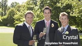  Presentation with flutes - Slide set enhanced with portrait of happy young men holding champagne flutes at wedding day background and a dark gray colored foreground