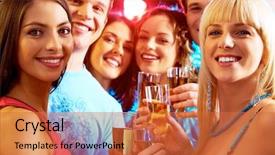  Presentation with champagne - Beautiful presentation design featuring portrait of happy young people holding glasses of champagne backdrop and a red colored foreground