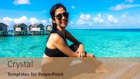  Presentation with villa - Presentation design having portrait of happy young woman at beautiful water villa at maldives island travel and vacation outdoor shot background and a coral colored foreground