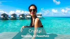  Presentation with villa - Amazing presentation having portrait of happy young woman at beautiful water villa at maldives island travel and vacation outdoor shot backdrop and a teal colored foreground