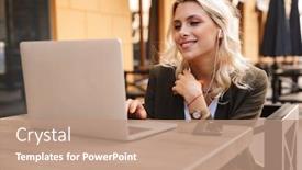  Presentation with cafe - Slides with portrait of happy young woman wearing earphones sitting at table in cafe outdoor and using silver laptop background and a coral colored foreground