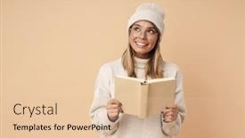  Presentation with beige book - Slides with portrait-of-happy-young-woman background and a lemonade colored foreground