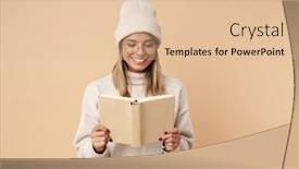  Presentation with beige book - Colorful slide deck enhanced with portrait-of-happy-young-woman backdrop and a lemonade colored foreground